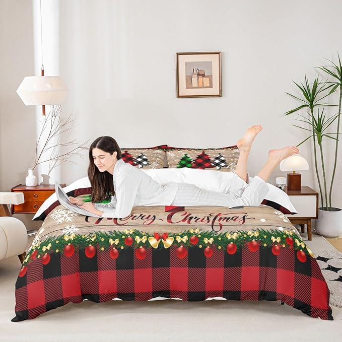 Manfei Plaid Tree Duvet Cover Set Twin Size, Wooden Stripe Print Bedding Set 2pcs for Kids Boys Girls Bedroom Decor, Christmas Theme New Year Comforter Cover with 1 Pillowcase,No Comforter