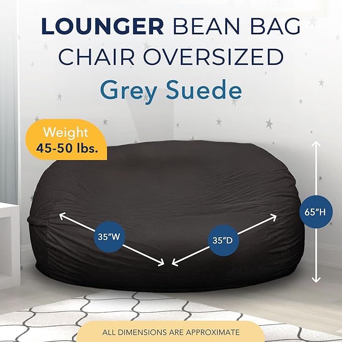 ULTIMATE SACK Lounger Bean Bag Chair, Oversize Bean Bag Chair for Adults, Comfy Chair Bean Bag Couch Lounge Sofa Loveseat Furniture | Grey Suede