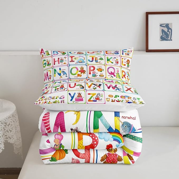 Feelyou ABC Alphabet Bedding Set Queen, Cartoon Zoo Animal Comforter Educational Learning Comforter Set for Kids Boys Girls Colorful Alphabet Duvet Set with 2 Pillow Case
