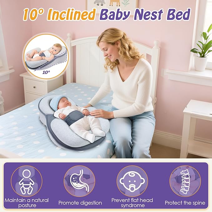 Baby Lounger Pillow, Portable Rest Nest Baby Bed, Multi-Functional Infant Lounger, Soft Non-Slip, Comfortable and Breathable, Tummy Time