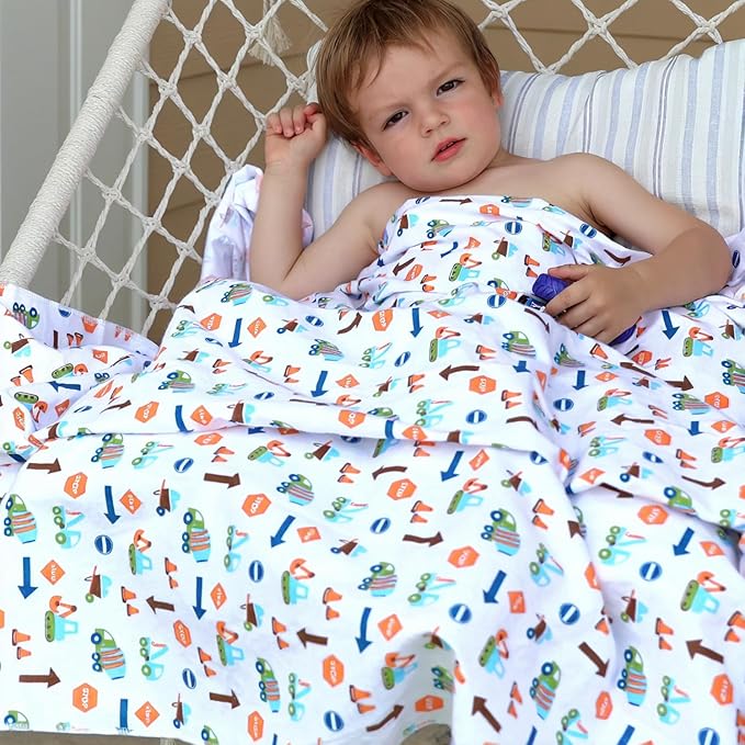 Kids Throw Blanket – Soft Cotton Toddler Blanket with Construction Vehicles Puzzle Pattern, Lightweight Breathable Bed Throw with Stitched Edges, 40 x 60 in (101.6 x 152.4 cm)