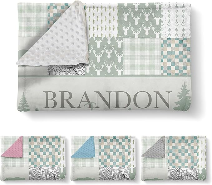 Personalized Rustic Woodland Baby Blanket - Custom Name Bear & Deer Design, Soft Blanket with Double Layer Dotted Backing for Infants Toddlers, Ideal Nursery Decor (30”x40)