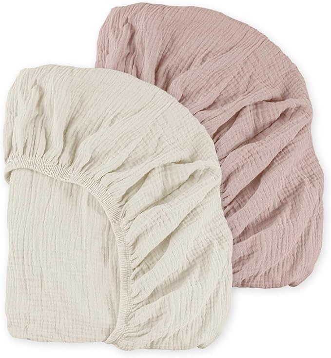 Muslin Mini Crib Sheets, 2 Pack for Baby Boy and Girl, Soft Breathable Stretchy Baby Pack N Play Mattress and Mini Cribs Sheet, Universal Fitted Portable/Mini Crib Mattresses (Gentle Colors)