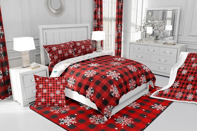 Feelyou Christmas Kids Comforter Set Full Size Snowflake Red Bedding Set Red Black Plaid Duvet Quilt for Kids Boys Girls Bedroom Winter Snow Decor Microfiber Ultra Soft Breathable