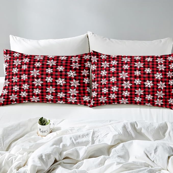 Christmas Kids Bedding Set Snowflake Xmas Theme Bedding Duvet Cover Set for Boys Girls Red Black Buffalo Check Decor Comforter Cover Set New Year Bedspread Cover Bedroom Quilt Cover 3Pcs Full Size