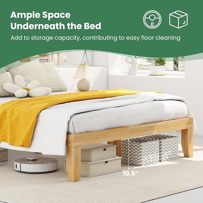 KOMFOTT 14 Inches Wood Platform Bed Frame Queen Size, Wooden Mattress Foundation with Rubber Wood Frame, Strong Wooden Slats Support, No Box Spring Needed, Bed Frame (Natural)