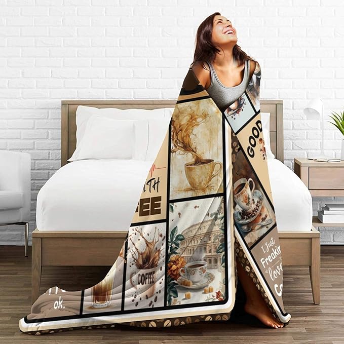 Coffee Blanket Vintage Drink Cup Throw Blankets Gifts for Girls Boys Kids Warm Soft Lightweight Flannel Coffee Bean Plush Throws Fleece Bedding Stuff for Men Women 60"x50"