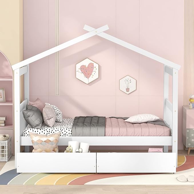 Merax Twin Size Wooden House Bed with Two Drawers, Wood Bed Frame with Roof for Kids, Teens, Boys or Girls, White