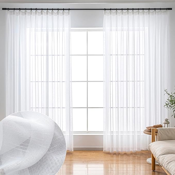 White Sheer Curtains 108 Inch Long 2 Panels, Thin Textured Linen Look Drapes for Living Room, Rustic See Through Window Treatments Decor, DIY Pinch Pleat Sliding Glass Door Curtain