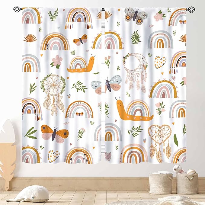 Boho Rainbow Curtains for Girls Bedroom, Bohemian Cute Lovely Butterfly Floral Rainbow Print Pastel Baby Kids Girls Bedroom Living Room Nursery Playroom Classroom Curtains for Windows, 42"x63" Inch
