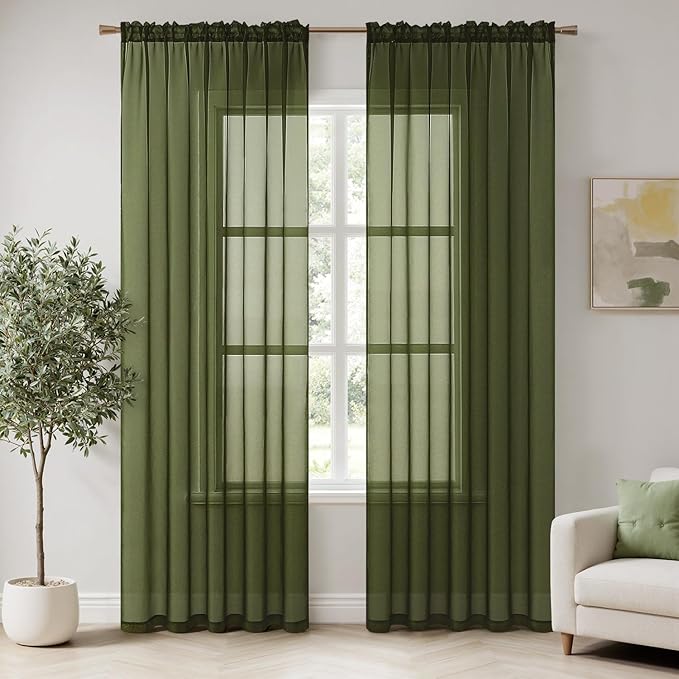 MIULEE 2 Panels Solid Color Sheer Window Curtains Elegant Window Voile Panels/Drapes/Treatment for Bedroom Living Room (54X96 Inches Olive Green)