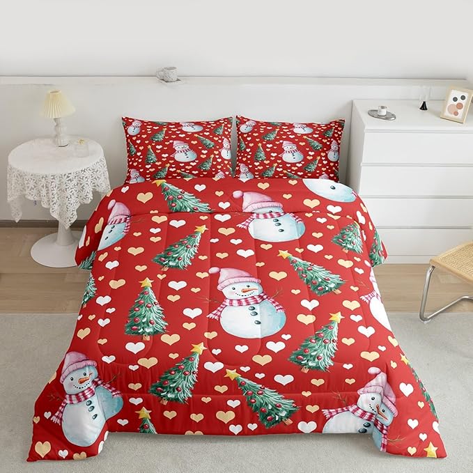 Feelyou Merry Christmas Comforter Set King Size Cute Snowman Bedding Set for Kids Boys Girls Christmas Tree Duvet Quilt Love Hearts Microfiber 3 Pcs with 2 Pillow Cases