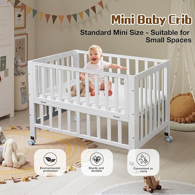 Portable Mini Baby Crib - Pine Wood Foldable 4-in-1 Baby Crib with Mattress,Portable Bedside Bassinet Sleeper,3 Adjustable-Height Baby Cribs for 0-18 Months,White