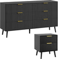 LYNSOM Fluted Dresser and Nightstand Sets 2 Piece, 2-Drawer Nightstands and 6-Drawers Dresser, Wood Bedroom Furniture Set for Home, Bedroom, Hallway, Black