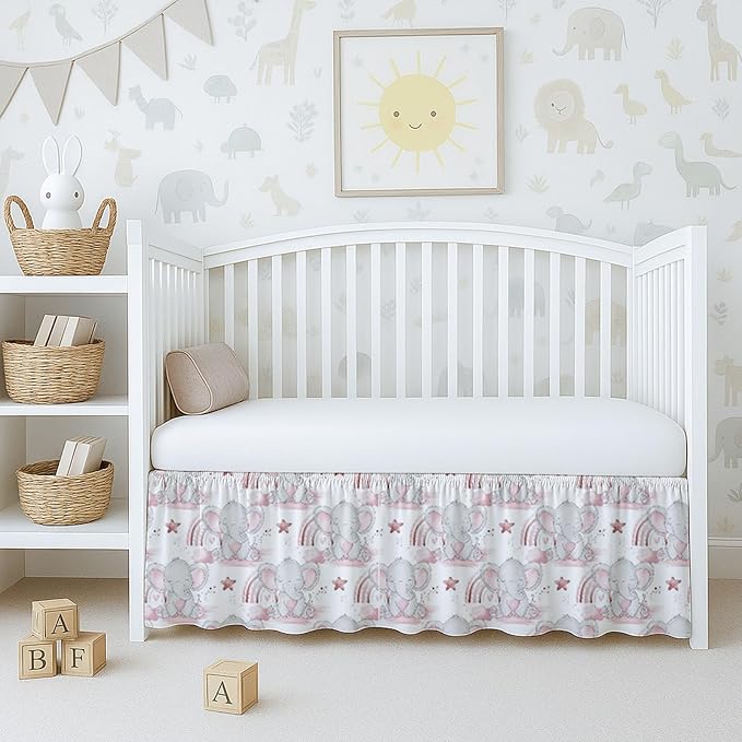 Cottington Lane Crib Skirt Dust Ruffle, 100% Natural Cotton, Soft, Durable Nursery Crib Toddler Bedding Skirt for Baby Girls or Boys, Fits Standard Cribs 28" x 52" with 14" Drop, Cute Elephant