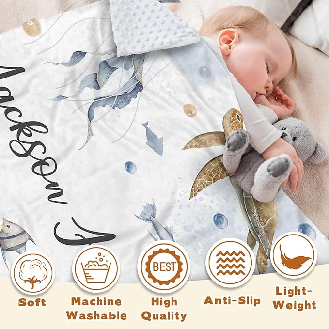 Personalized Baby Blanket with Name, Customized Baby Blanket for Kids Newborns, Soft Flannel with Double Layer Dotted Backing, Customized Gifts for Baby Shower Birthday, Sea Turtle(47" x60)