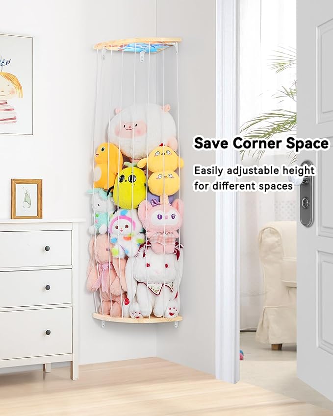 Corner Stuffed Animal Storage Net - Heigh Adjustable Wood Stuffed Animal Organizer - Large Wall Plush Holder Teddy Bear Storage for Bedroom Kids Room Nursery Decor (Natural Pine with Dolphin Pattern)