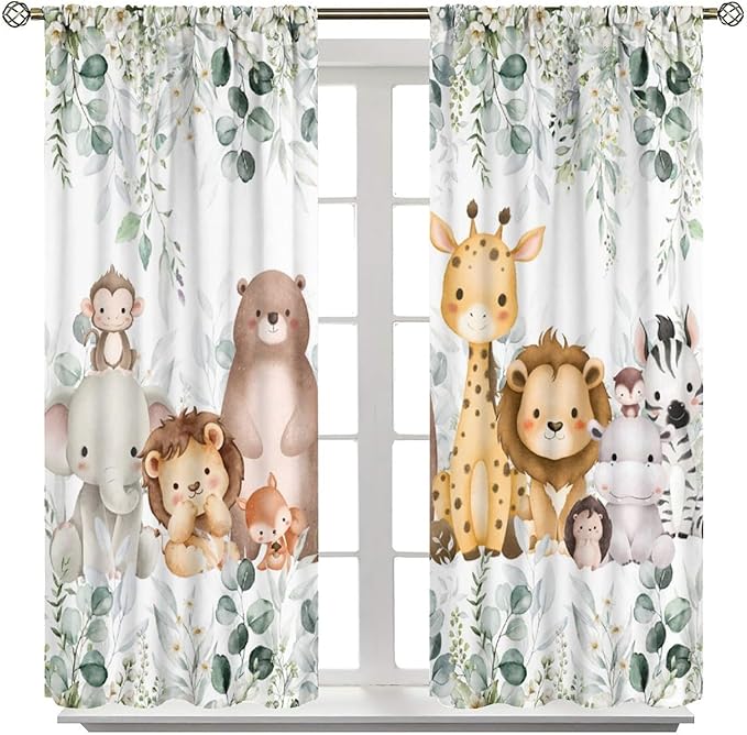 Kids Safari Animal Curtains Woodland Wildlife Jungle Animals Blackout Window Treatments for Boys Girls Bedroom Cute Cartoon Lion Nursery Children Drapes for Living Room W84xL84