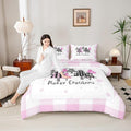Manfei Xmas Trees Comforter Set King Size, Pink Plaid Grid Snowflake Down Comforter with 2 Pillowcases, Christmas Theme Bedding Set 3pcs for Kids Girls Adults Room Decor New Year Duvet Insert