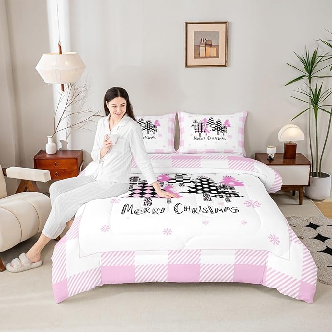 Manfei Xmas Trees Comforter Set King Size, Pink Plaid Grid Snowflake Down Comforter with 2 Pillowcases, Christmas Theme Bedding Set 3pcs for Kids Girls Adults Room Decor New Year Duvet Insert