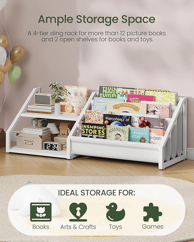 Kids Bookshelf, Book Shelf for Kids Rooms, Toddler Bookshelf with 2 Open Shelves and 4-Tier Sling Rack, for Kid Room, Nursery, Bedroom, Playroom, White TCW16WB