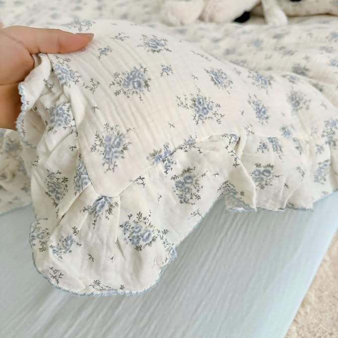 BuLuTu Vintage Blue Floral Duvet Cover Queen Size, Cotton Muslin Quilt Cover with Ruffles, Farmhouse Bedding Comforter Cover 90"x90", Zipper & Corner Ties, Freesia Print, No Pillow