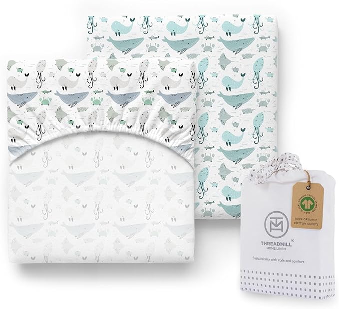 Threadmill Organic Baby Crib Sheets for Boys & Girls | 100% Organic Cotton Fitted Crib Sheet for Standard Crib Mattress | 2 Pack Unisex Cozy Toddler Sheets, Machine Washable Migosprint
