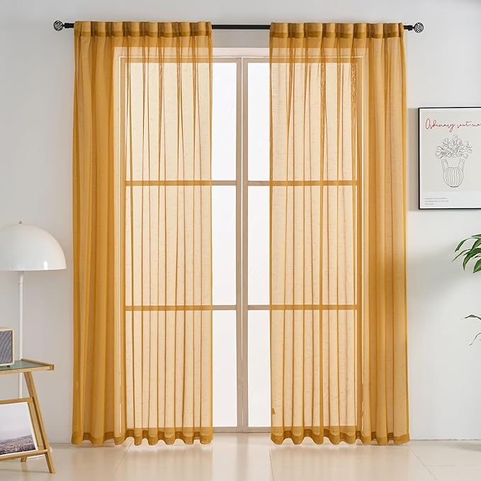 Mustard Gold Sheer Curtains 96 Inches Long 2 Panels, Textured Linen Look Pinch Pleated Drapes, Vintage Yellow Light Filtering Window Treatments, Sliding Glass Door Curtain Back Tab