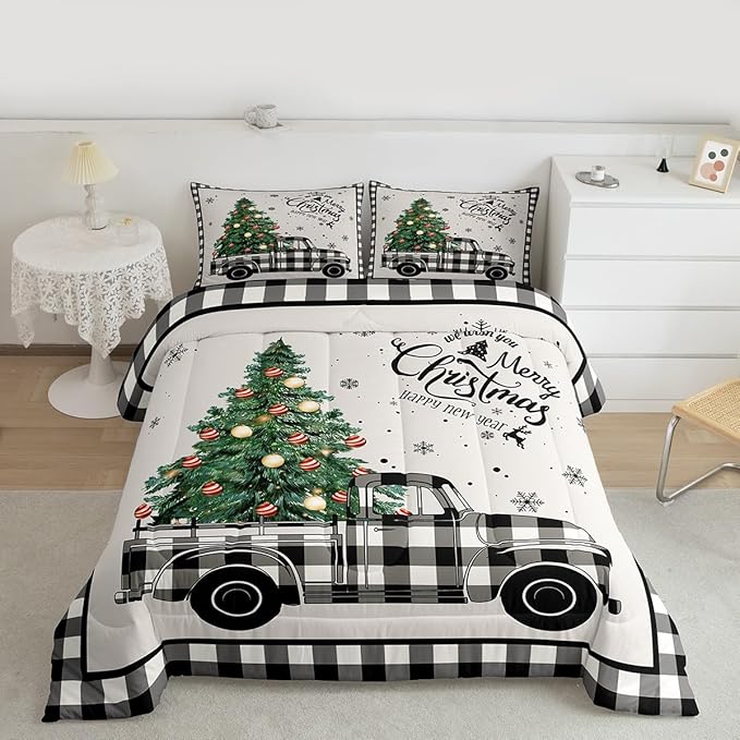 Christmas Truck Kids Comforter Set King Size,Snowflake Pines Trees Rustic Bedding,Girls Boys Adults Bedroom/Xmas Cabin Decor,Geometric Grids Lattice Down Comforter,Retro Duvet Insert,2 Pillowcases
