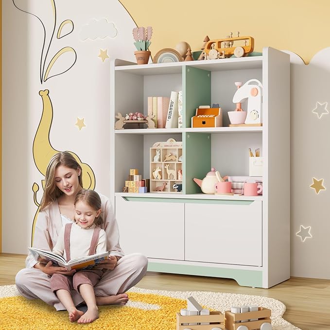 Kids Bookshelf and Toy Organizer, 2 Tier Kids Book Shelf for Kid Rooms with 2 Doors, 4 Cubes Storage Organizer,Wood Children Bookcase,Freestanding Toddler Book Display Shelf for Playroom