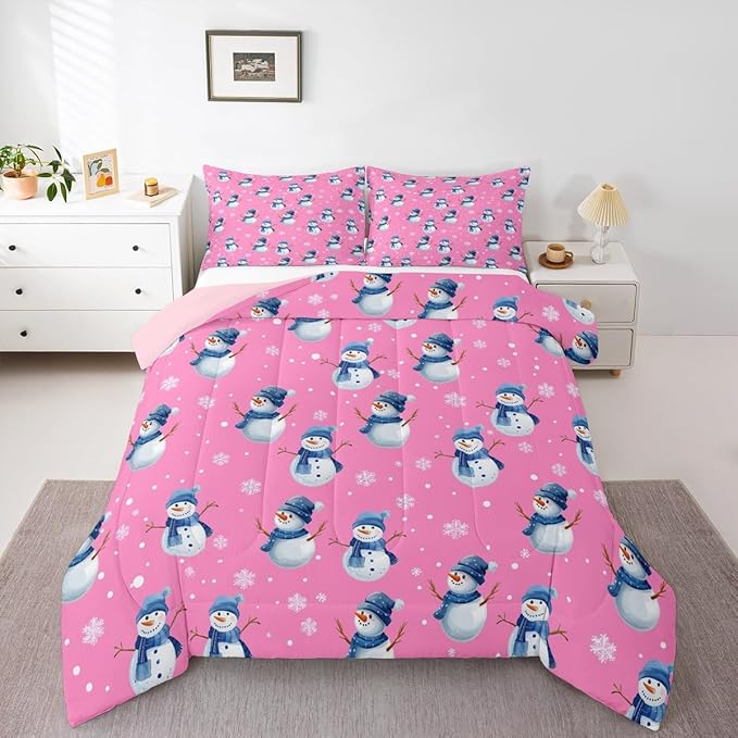 jejeloiu Kids Cute Winter Snowman Comforter Set Toddler Pink Christmas Theme Bedding Set for Boys Girls Teens Xmas Snowflake Happy New Year Duvet Quilt Room Decor