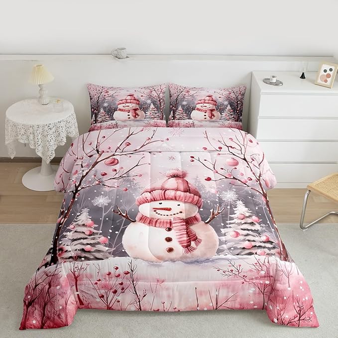 Feelyou Cute Snowman Comforter Set All Season Christmas Tree Bedding Set with 1 Pillow Cases Xmas Snowflake Microfiber Kids Toddler Bedclothes Pink Scarf Bedroom Decor Pink Winter Scene Duvet Quilt