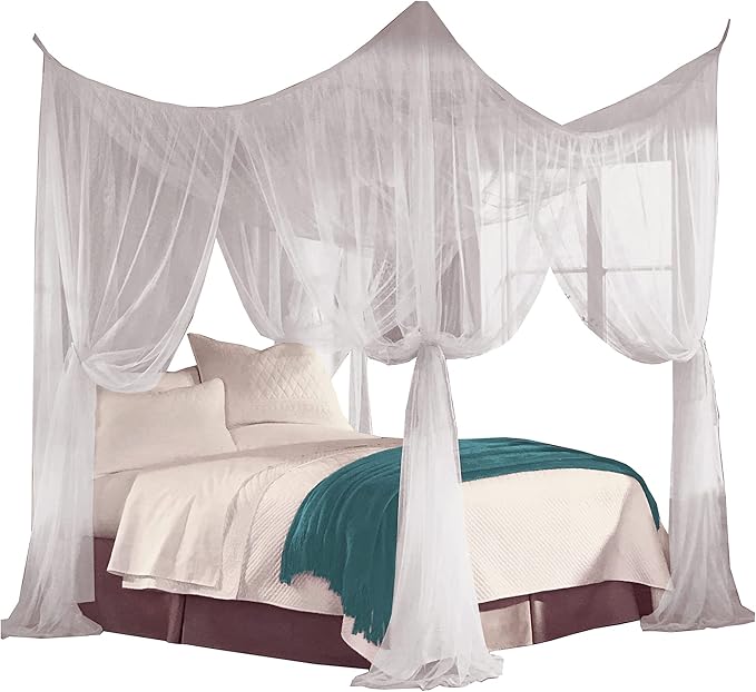 Just Relax Four Corner Post Elegant Mosquito Net Bed Canopy Set, White, Full/Queen/King, 86.6x78.7x98.4 Inches