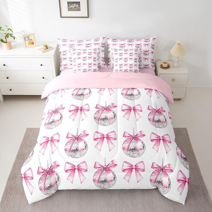 7 Pieces Cartoon Bowknot Kid Comforter Set King,Bow Tie Butterfly Knot Princess Bedding Set,Western Cowgirl Disco Ball Retro Pink White（Comforter+Fitted+Flat Sheet+2 Pillowcases+2 Throw Pillow Covers）