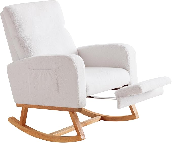 Rocking Chair Nursery with Foot Rest, Nursing Rocking Chairs for Mom Nursery, Teddy Rocker Glider with High Backrest for Living Room, Bedroom, White
