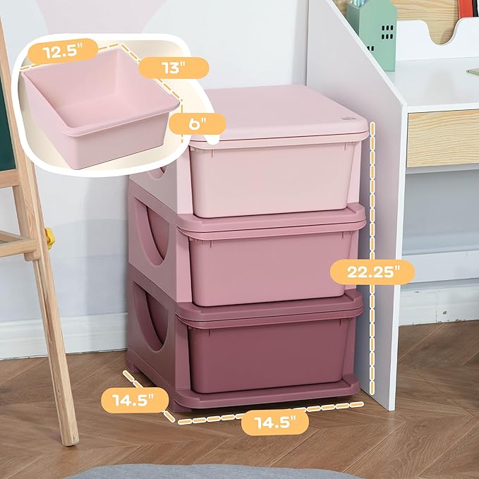 Qaba 3 Tier Kids Storage Unit, 3 Drawer Chest Toy Organizer Plastic Bins for Kids Bedroom Nursery Kindergarten Living Room for Boys Girls Toddlers, Pink