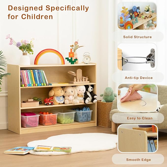 3 Tier Montessori Shelf 30in Toy Storage Shelf Birch Wood Kids Bookshelf Classroom Storage Shelves Low Bookcase Book Shelf for Kids Room Nursery Playroom Daycare Preschool, Natural