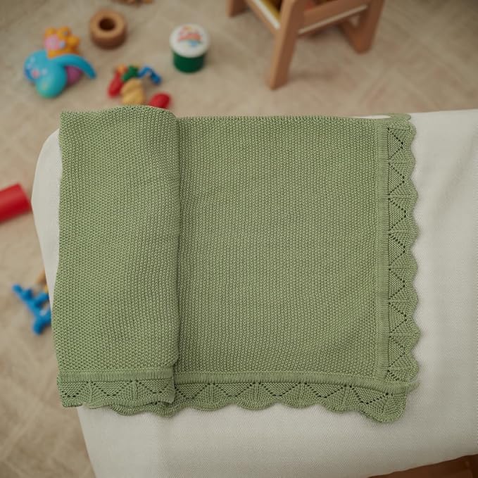 Baby Knit Blanket Soft Breathable Cotton Scallop Border Blankets Newborn Knitted Blanket Swaddle Blankets Gifts for Baby Newborn Toddler Shower Boy Girl New Mom Birthday Christmas SG 30x40