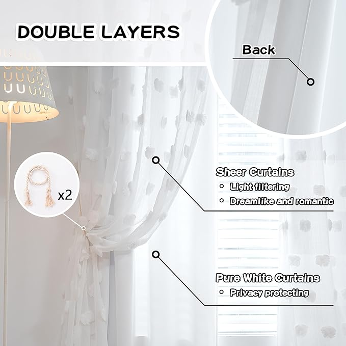 MYSKY HOME Kids Curtains for Girls Bedroom Double Layer Curtain for Daughter Room 84 Inches Long Pom Pom Sheer Drapes White Curtains for Living Room Grommet Room Darkening Panels W52 X L84