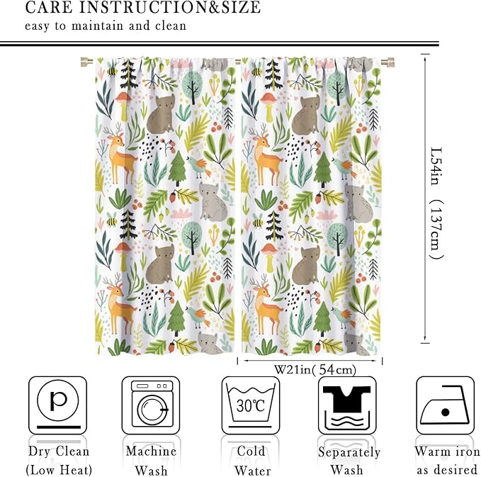 Cartoon Forest Kids Blackout Curtains,Cute Woodland Wild Animals Colorful Deer Plants Trees Print Pattern Thermal Insulation Window Drapes for Nursery Boys Girls Bedroom,White Background 42x54 Inch