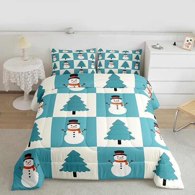 Feelyou Merry Christmas Comforter Set All Season Snowman Bedding Set with 1 Pillow Cases Xmas Tree Microfiber Kids Twin Bedclothes Bedroom Decor Duvet Quilt Breathable Soft Lightweight