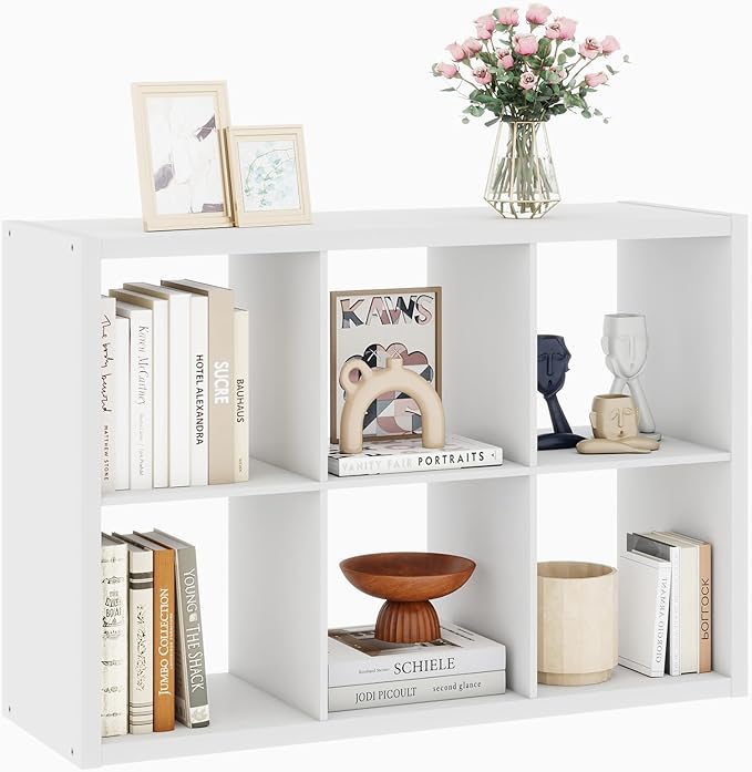 White Wooden 6 Cube Storage Organizer, White Tall Kid Book Shelf with 6 Cubby Storage Space, Kids Toys Organizer with 6 Cube Shelf for Playroom, Bedroom, Living Room, 14.6 × 43.8 × 30.7