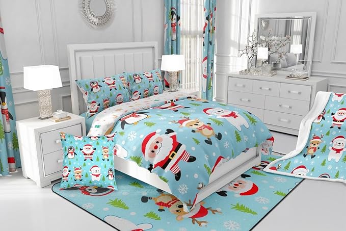 Feelyou Christmas Comforter Set Queen Size Santa Claus Bedding Set for Kids Boys Girls Penguin Deer Duvet Quilt Xmas Snowflake Tree Bedroom Decor Microfiber 3 Pcs with 2 Pillow Cases