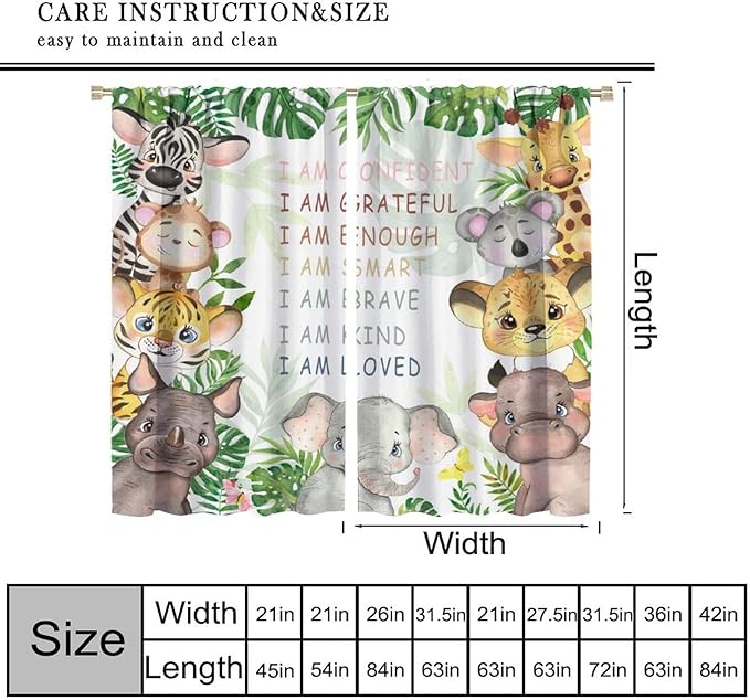 Cartoon Safari Animal Curtains Cute Watercolor Wildlife Jungle Window Treatments for Kids Boys Girls Bedroom Living Room Inspirational Motivational Quotes Nursery Children Drapes W84xL84