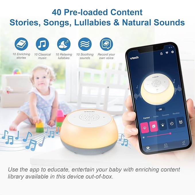 VTech BC8213 V-Hush Junior Sleep Training Soother with 40 Stories/Songs/Sounds & Record Your own Voice. Portable Bluetooth HD Speaker, 250+ Multi-Color Night Light, Ceiling Projector