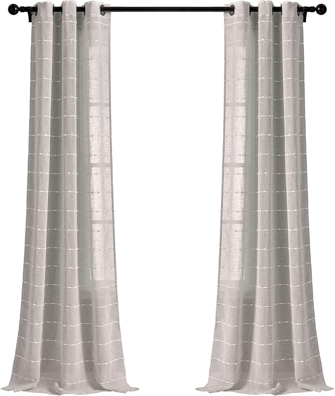 Lush Decor Farmhouse Textured Grommet Sheer Window Curtain Panel Pair, 38"W x 95"L, Gray