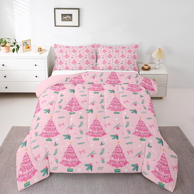 Feelyou Christmas Tree Comforter Set All Season Merry Christmas Bedding Set with 1 Pillow Cases Happy New Year Microfiber Kids Toddler Bedclothes Xmas Bedroom Decor Duvet Quilt Soft Lightweight