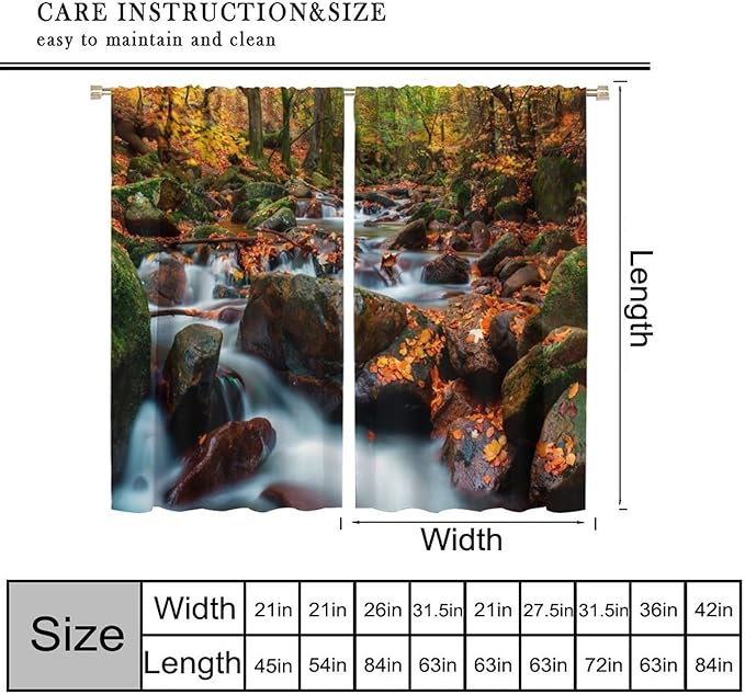 Autumn Waterfall Blackout Windows Curtains, Nature Autumn Forest Farmhouse Window Drapes, for Living Room Bedroom 42" W X 54" L