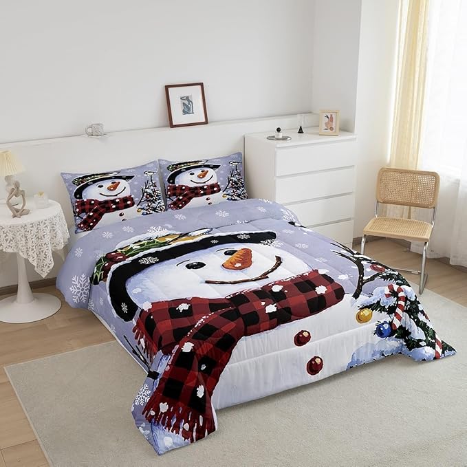 Feelyou Kids Christmas Theme Decorations Bedding Set Xmas Snowman Comforter Set for Boys Girls Merry Christmas Funny Cute Decor Bedroom Collection 3Pcs Queen Size
