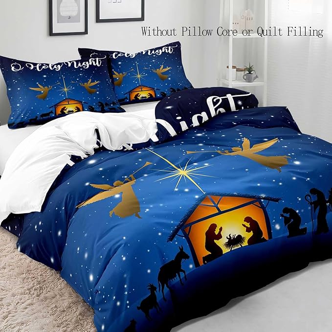 LUVIVIHOME 3PCS Christmas Duvet Cover Full Bedding Set, Navy Blue Duvet Cover, Galaxy Oh Holy Night Nativity Scene Angel Winter Holiday Xmas Christmas Comforter Cover, Bed in a Bag, 2 Pillow Cases